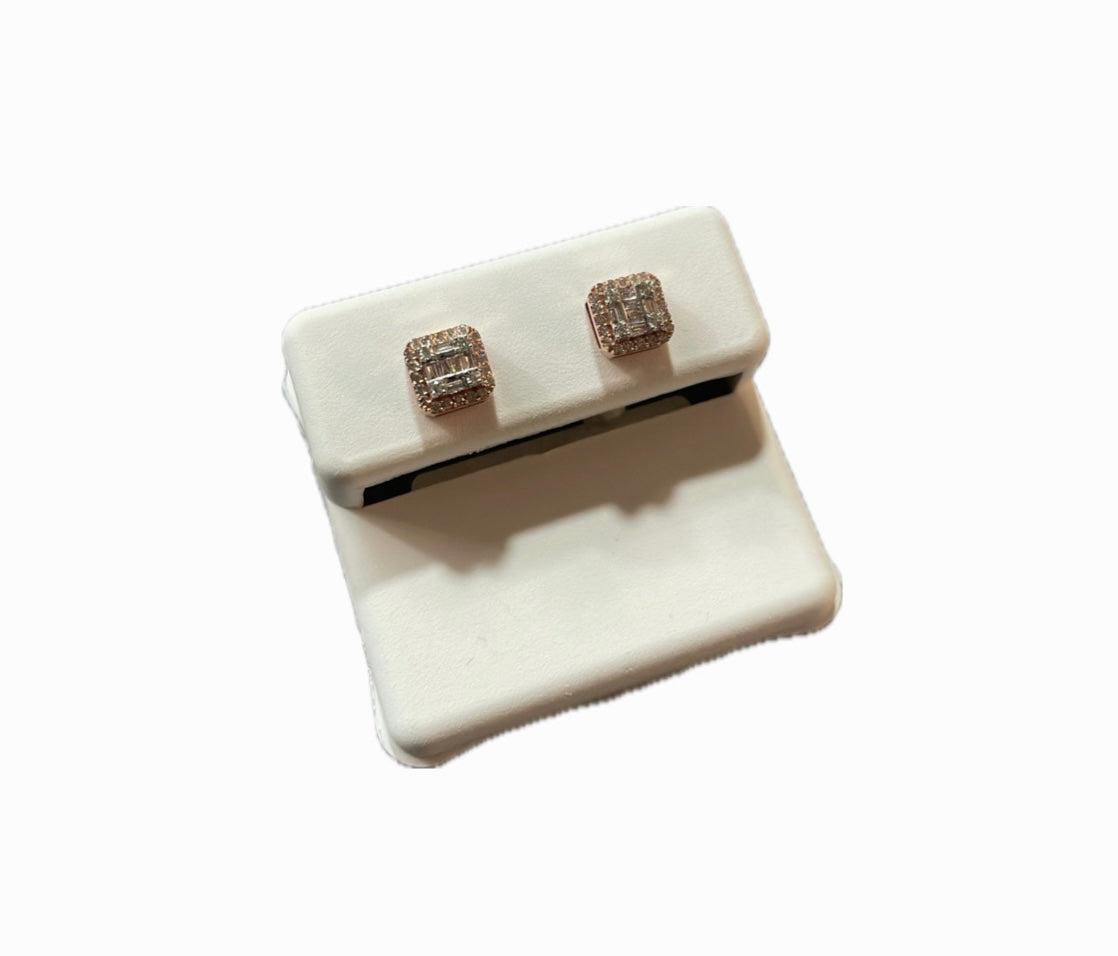 Aretes Cubo- Oro Rosa 10k Diamantes Naturales